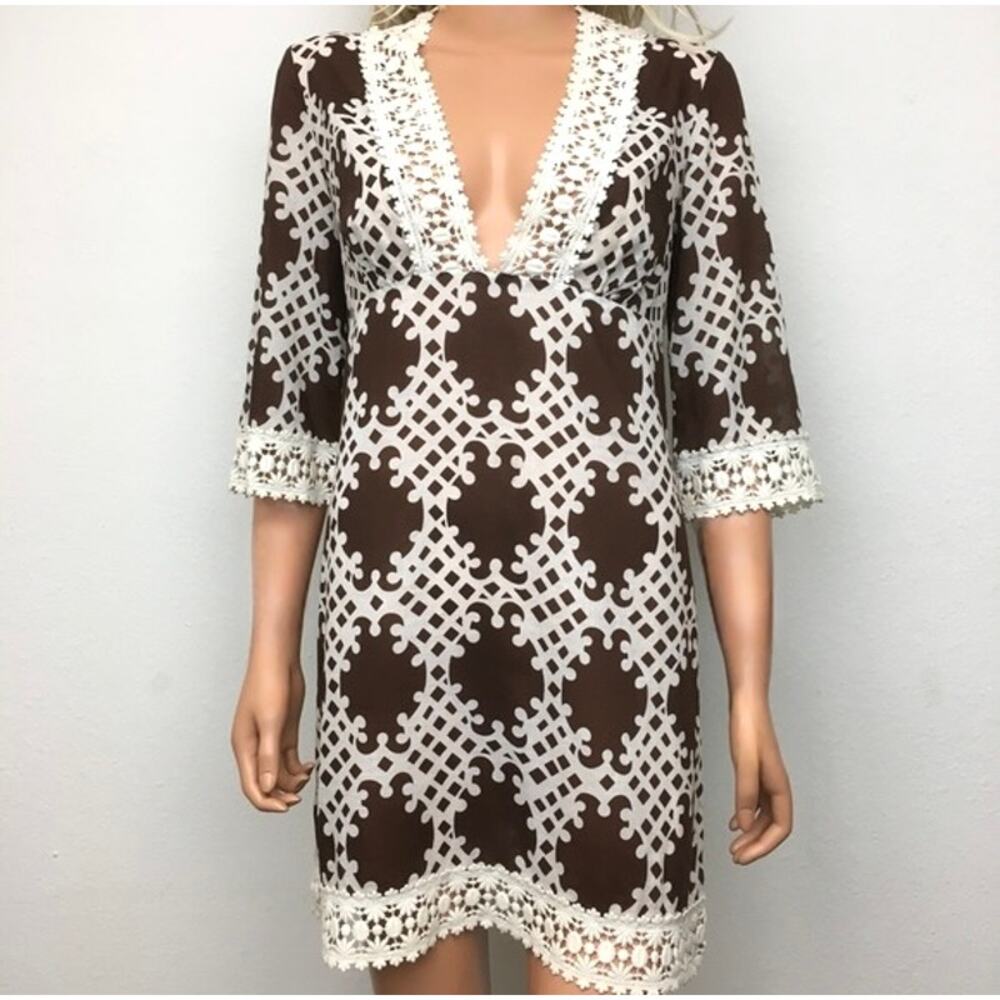 Vintage Milly Cabana Crochet Beach Coverup Dress Cocoa White Size 8